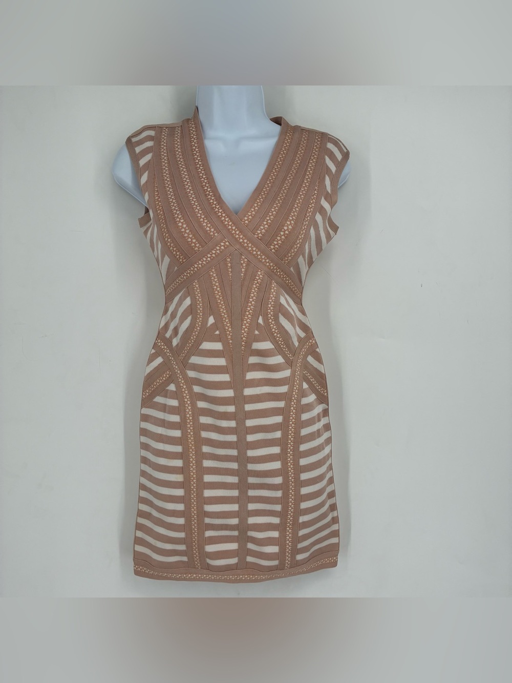 Herve Leger Small Katina Mini Bandage Dress Maxazria Tan White Stripe Lace Sexy